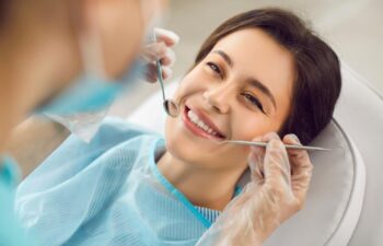 dentist clinic appointment for happy smiling woman, healthy smile, teeth regular checkup