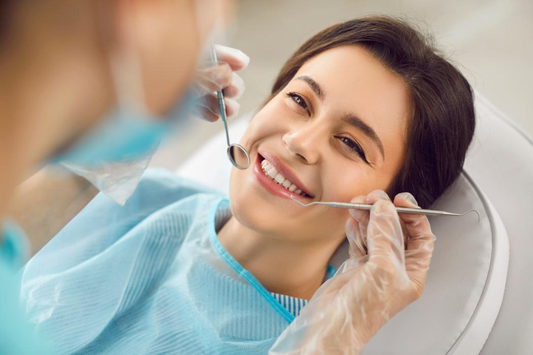 dentist clinic appointment for happy smiling woman, healthy smile, teeth regular checkup